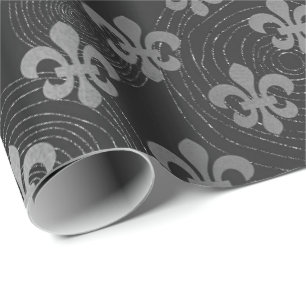 Papel De Presente Fleur de Lis - Círculos de Cinzas Pretas de Prata