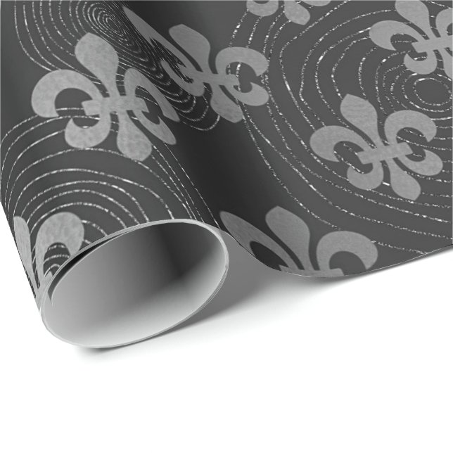 Papel De Presente Fleur de Lis - Círculos de Cinzas Pretas de Prata  (Ponta do rolo)
