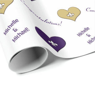 Papel De Presente Fleur de Lis Heart Purple Personalizado Dourado