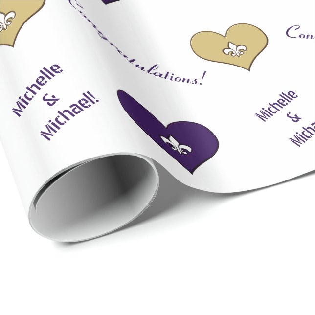 Papel De Presente Fleur de Lis Heart Purple Personalizado Dourado (Ponta do rolo)