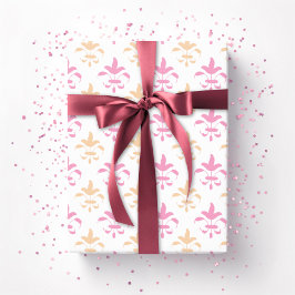 Papel De Presente Fleur de Lis Pinturesca em Rosa e Laranja