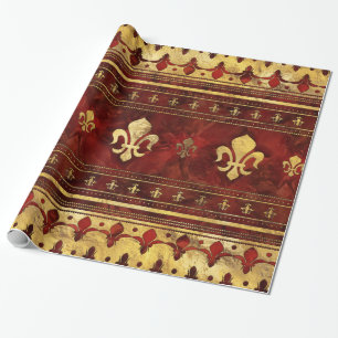 Papel De Presente Fleur-de-lis Red Marble e Dourado