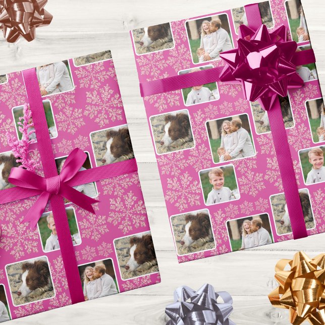 Papel De Presente Floco de neve Berry Bling 3 Fotografia Colagem Nat (Add 3 of your pictures to this photo wrapping paper in chic dark pink and faux glitter snowflakes)