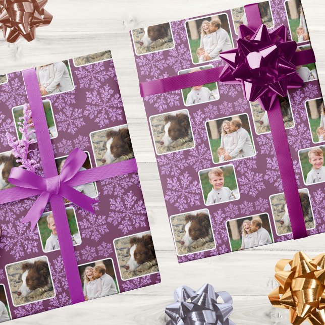 Papel De Presente Floco de Neve Bling 3 Fotografia Colagem Natal (Add your photos to the picture collage design in dark purple for fun Christmas wrapping paper)