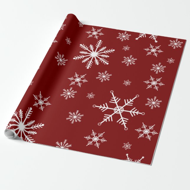 Papel De Presente Floco de Neve Branco Sobre Padrão Vermelho (Desenrolado)
