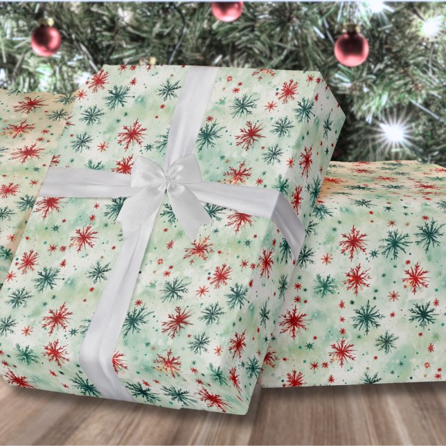 Papel De Presente Floco de Neve de Natal em Aquarela (Festive Holiday Red And Green Snowflake Christmas Wrapping Paper)