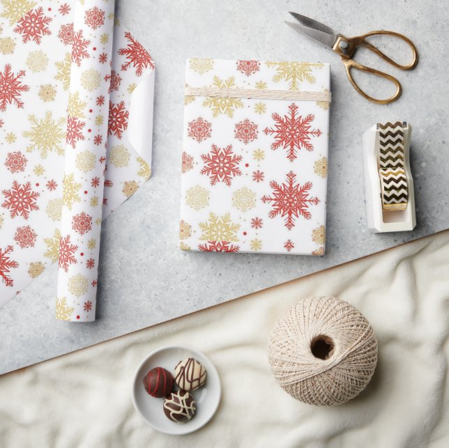 Papel De Presente Floco de Neve de Natal Vermelho Dourado (Artesanato)