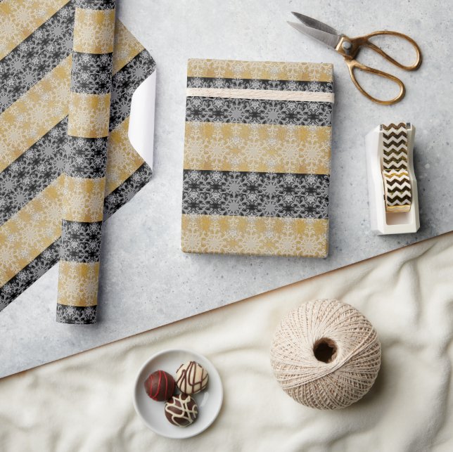 Papel De Presente Floco de neve Dourado e preto Natal (Artesanato)