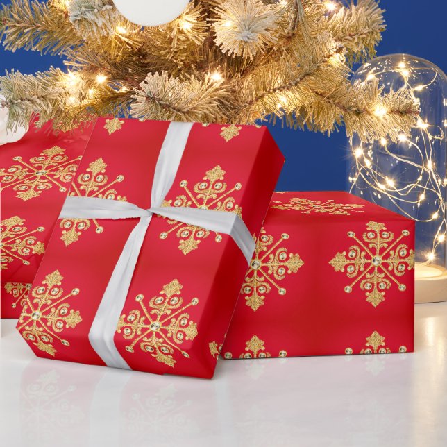 Papel De Presente Floco de Neve Dourado Elegante Em Vermelho (Feriados)