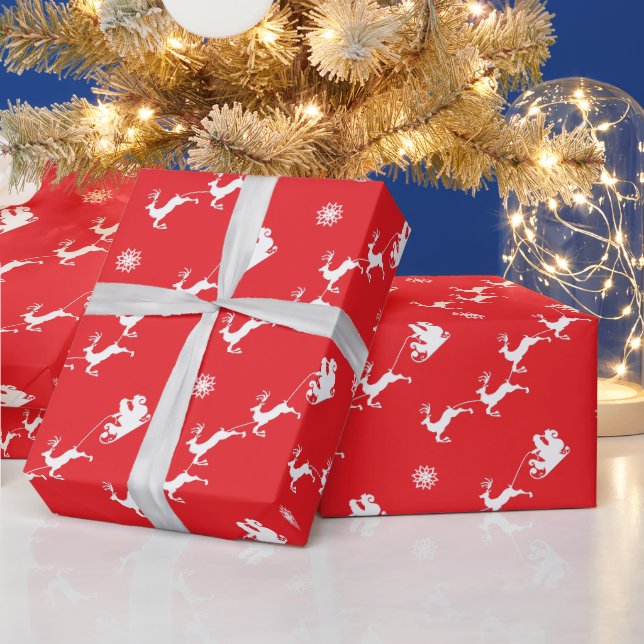 Papel De Presente Floco de neve e Papai Noel com trenó no Natal Verm (Feriados)