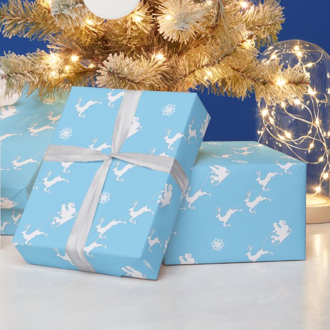 Papel De Presente Floco de neve e Papais noeis com Sleigh em AZUL cl (Feriados)