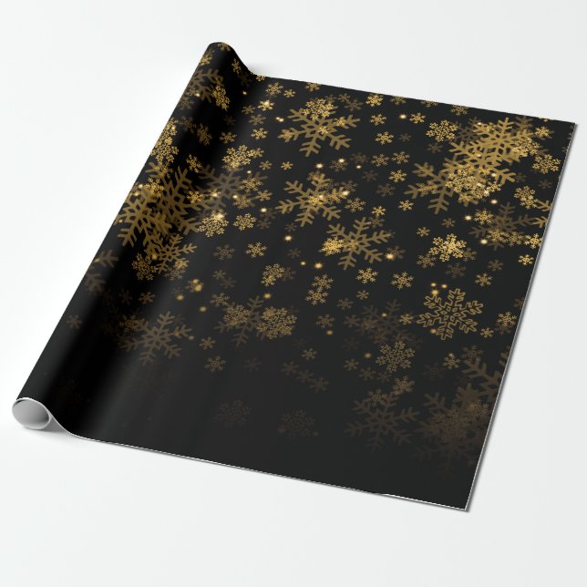 Papel De Presente Floco de Neve Elegante de Natal Dourado (Desenrolado)