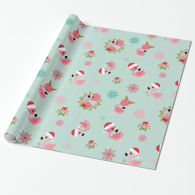 Papel De Presente Floco de neve Flamingo de Natal bonito (Desenrolado)