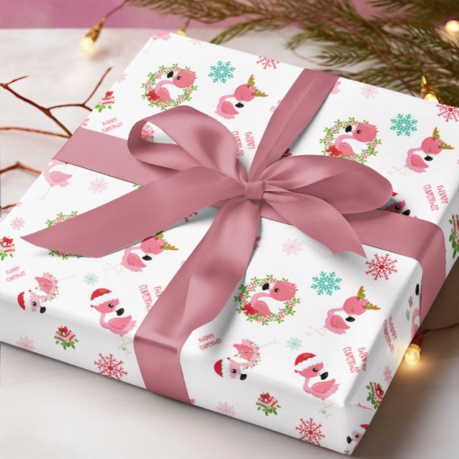 Papel De Presente Floco de neve Flamingo Feliz de Natal (Cute Merry Christmas Flamingo Snowflake Wrapping Paper)