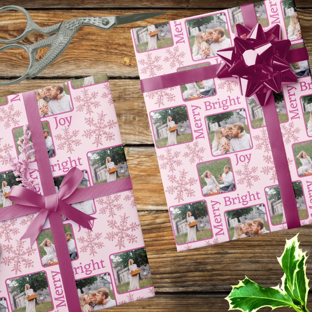 Papel De Presente Floco de neve Glama Rosa 3 Foto Colagem Natal (Add your favorite photos to this pink snowflake design for custom designer Christmas wrapping paper)