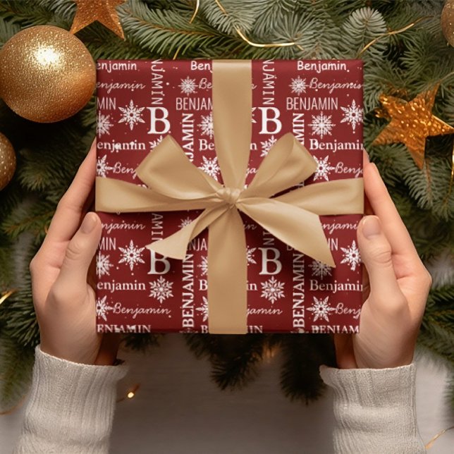 Papel De Presente Floco de Neve Natal Nome Repetitivo Personalizado (Christmas Snowflake Repeating Name Personalized Wrapping Paper)