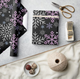 Papel De Presente Floco de Neve Natal Roxo Prata