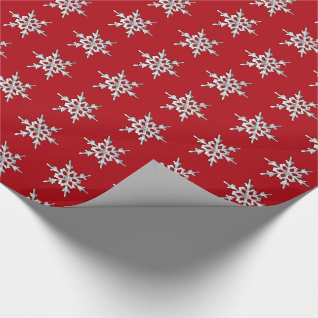 Papel De Presente Floco de neve prateado e branco em vermelho profun (Ponta)