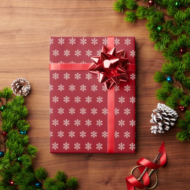 Papel De Presente Floco de Neve Vermelho (Presente de Natal)