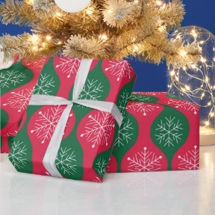 Papel De Presente Flocos de Natal em Ogee Verde Vermelho Retro