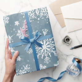 Papel De Presente Flocos de Neve Azuis Aquarela Férias de Inverno