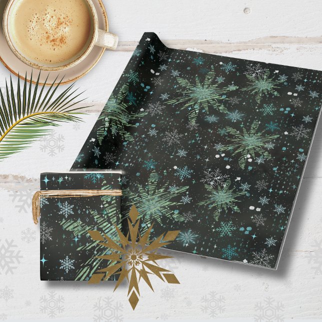Papel De Presente Flocos de neve azuis, branco, com palhetas de neve (White Teal Blue Snowflakes Black Wrapping paper )