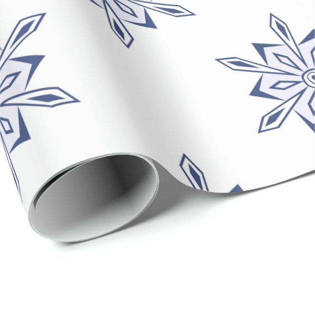 Papel De Presente Flocos de neve azuis de Natal em branco (Ponta do rolo)