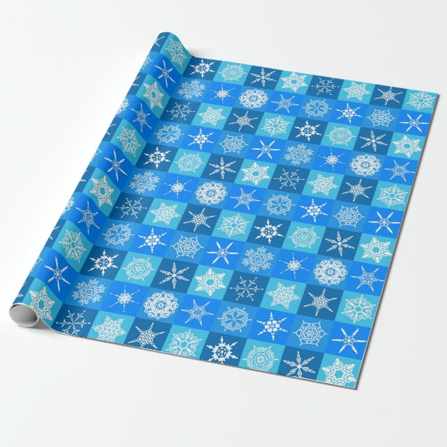 Papel De Presente Flocos de Neve Azuis e Brancos com Xadrez (Desenrolado)