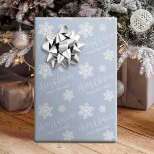Papel De Presente Flocos de Neve Azuis Script Feliz Natal Personaliz