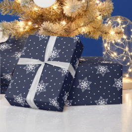 Papel De Presente Flocos de Neve Bolinhas Brancas Azul Marinho Natal