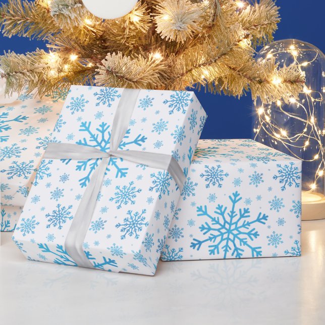 Papel De Presente Flocos de neve bonito de Natal Azul no inverno (Feriados)