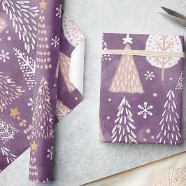 Papel De Presente Flocos de neve bonitos e árvores de Natal, roxo e