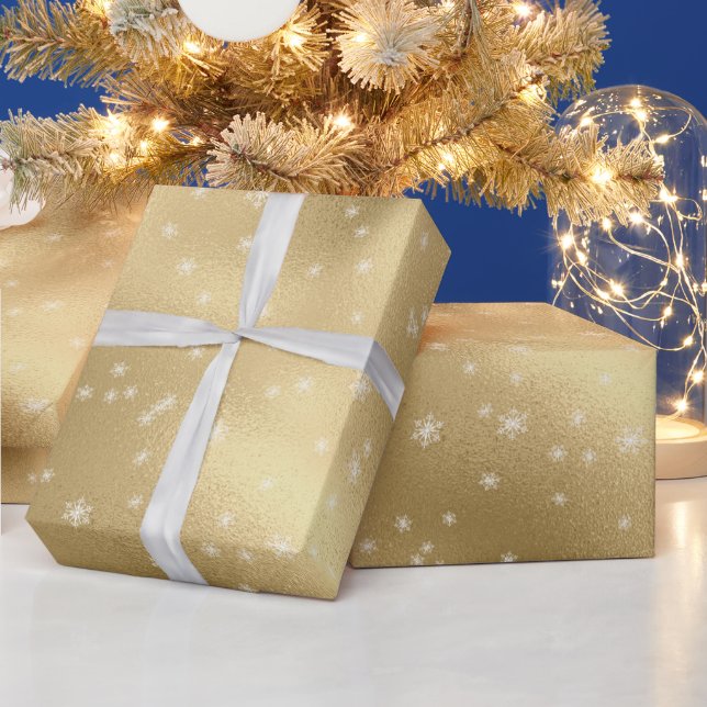 Papel De Presente Flocos de neve brancos Dourados (Feriados)