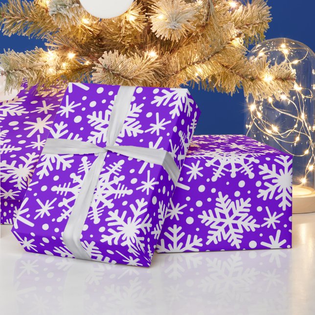 Papel De Presente Flocos de neve brancos em roxo (Feriados)