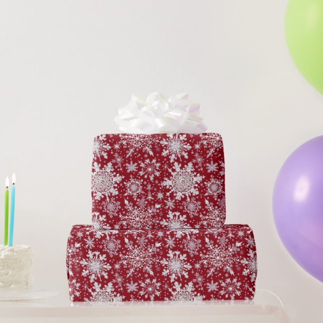 Papel De Presente Flocos de neve brancos em vermelho (Presentes para festas)