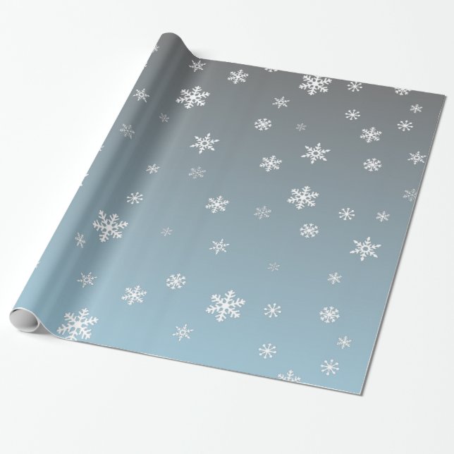 Papel De Presente Flocos de neve brancos no azul de prata (Desenrolado)
