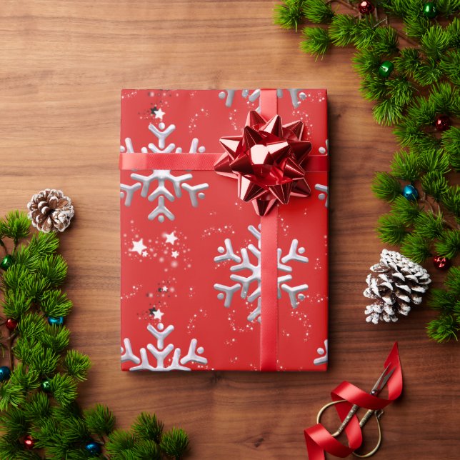Papel De Presente Flocos de neve brancos no Natal Vermelho (Presente de Natal)