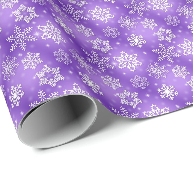 Papel De Presente flocos de neve brancos no roxo (Ponta do rolo)