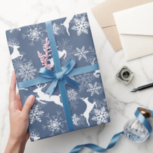 Papel De Presente Flocos de neve cervo padrão natal azul