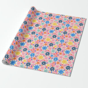 Papel De Presente Flocos de neve coloridos no padrão de feriado rosa