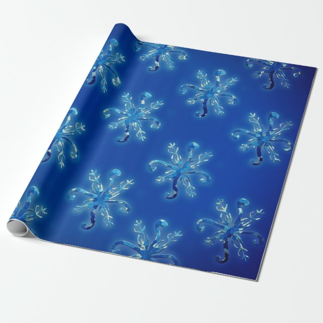 Papel De Presente Flocos de neve com aquarela azul (Desenrolado)