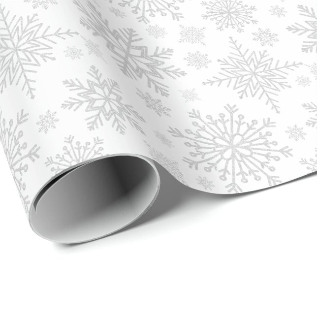 Papel De Presente Flocos de neve com brilho de prata (Ponta do rolo)