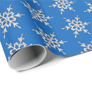 Papel De Presente Flocos de neve, cristais prateados em azul de coba