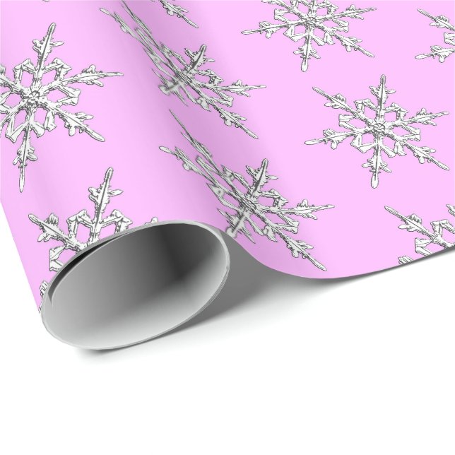 Papel De Presente Flocos de neve, cristais prateados em rosa-gelo (Ponta do rolo)