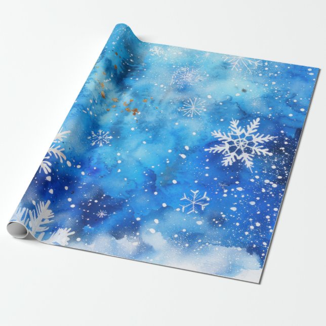 Papel De Presente Flocos de neve de inverno com Aquarela Azul (Desenrolado)