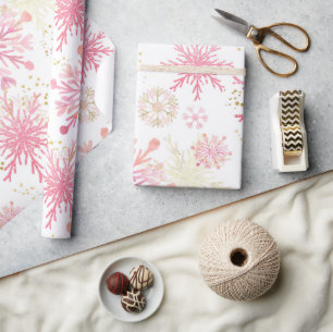 Papel De Presente Flocos de Neve de Inverno com Brilho Rosa e Dourad