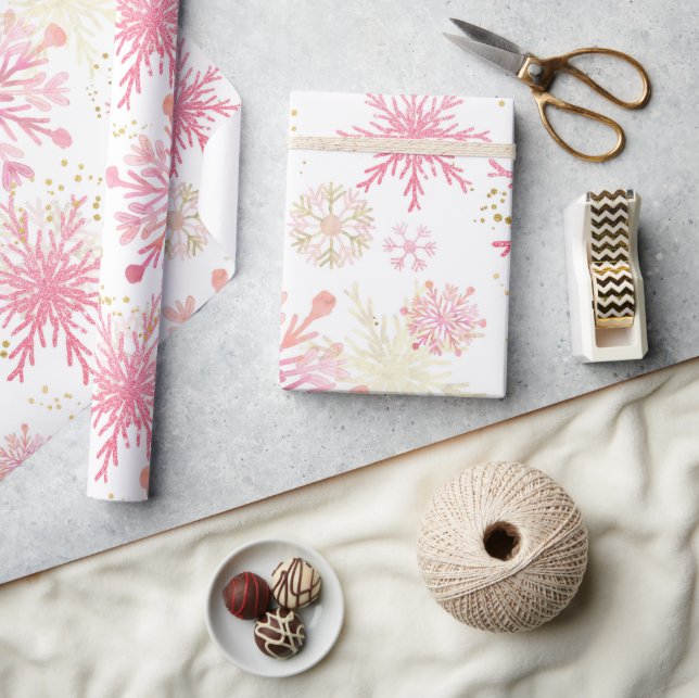 Papel De Presente Flocos de Neve de Inverno com Brilho Rosa e Dourad (Artesanato)
