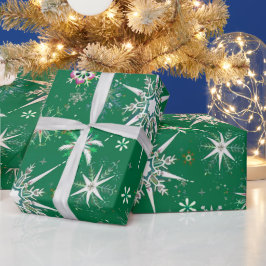 Papel De Presente Flocos de Neve de Meados do Século em Verde