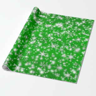 Papel De Presente Flocos de neve de Natal brilham em verde