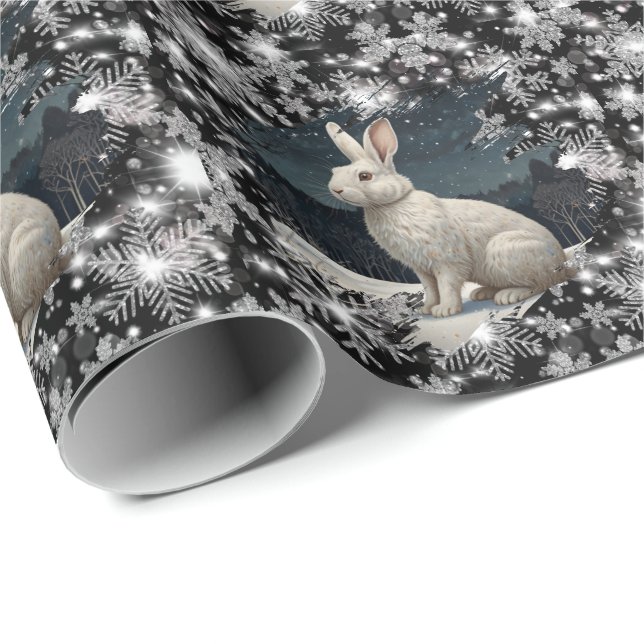 Papel De Presente Flocos de neve de Natal coelho branco elegante (Ponta do rolo)